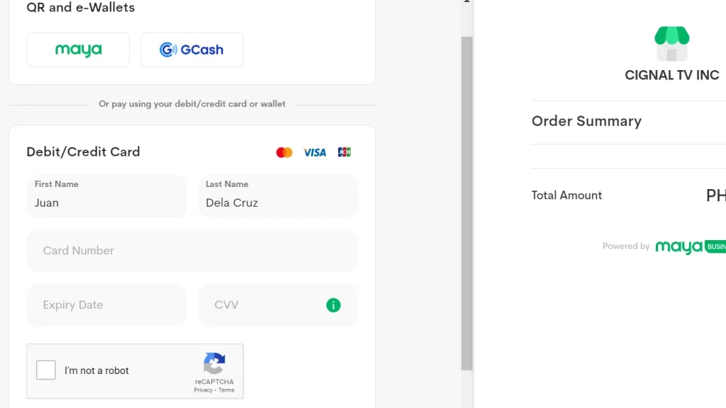 Enter your credit card, debit card, Gcash, or Maya details, then click "Complete Order." Once the payment is successfully processed, you will receive a confirmation.