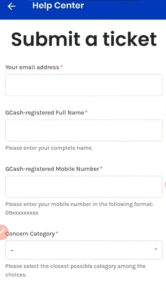 GCash help center submit a ticket